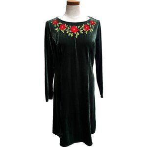 Quacker Factory Dark Green Velvet Christmas Dress M Poinsettia Holiday Party S9